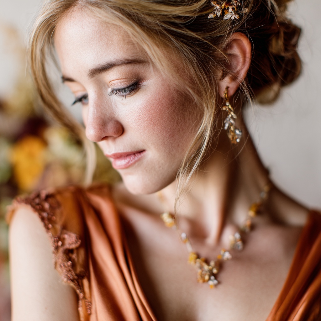 Flat lay of fall wedding jewelry pieces paired with autumn color swatches in gold, emerald, and burgundy tones Matching your bridal jewelry to your September wedding color palette creates a timeless and cohesive look.