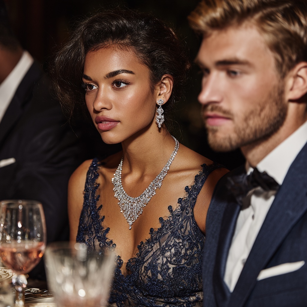 A collection of diamond studs, pearl necklaces, and gemstone rings displayed with autumn leaves Timeless fall wedding jewelry pieces that make lasting investments and cherished heirlooms.