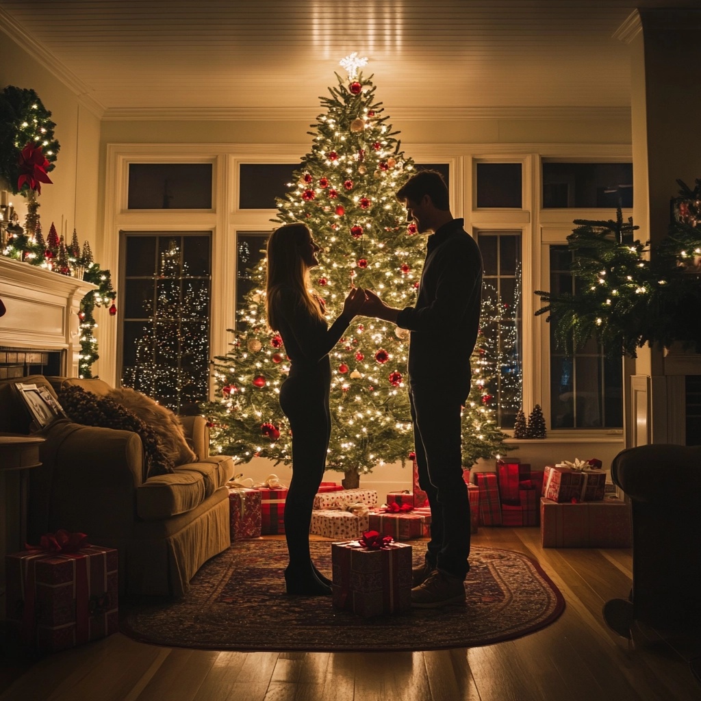 Romantic Christmas Proposal Ideas Man proposing with an engagement ring under a Christmas tree surrounded by holiday lights and decorations.