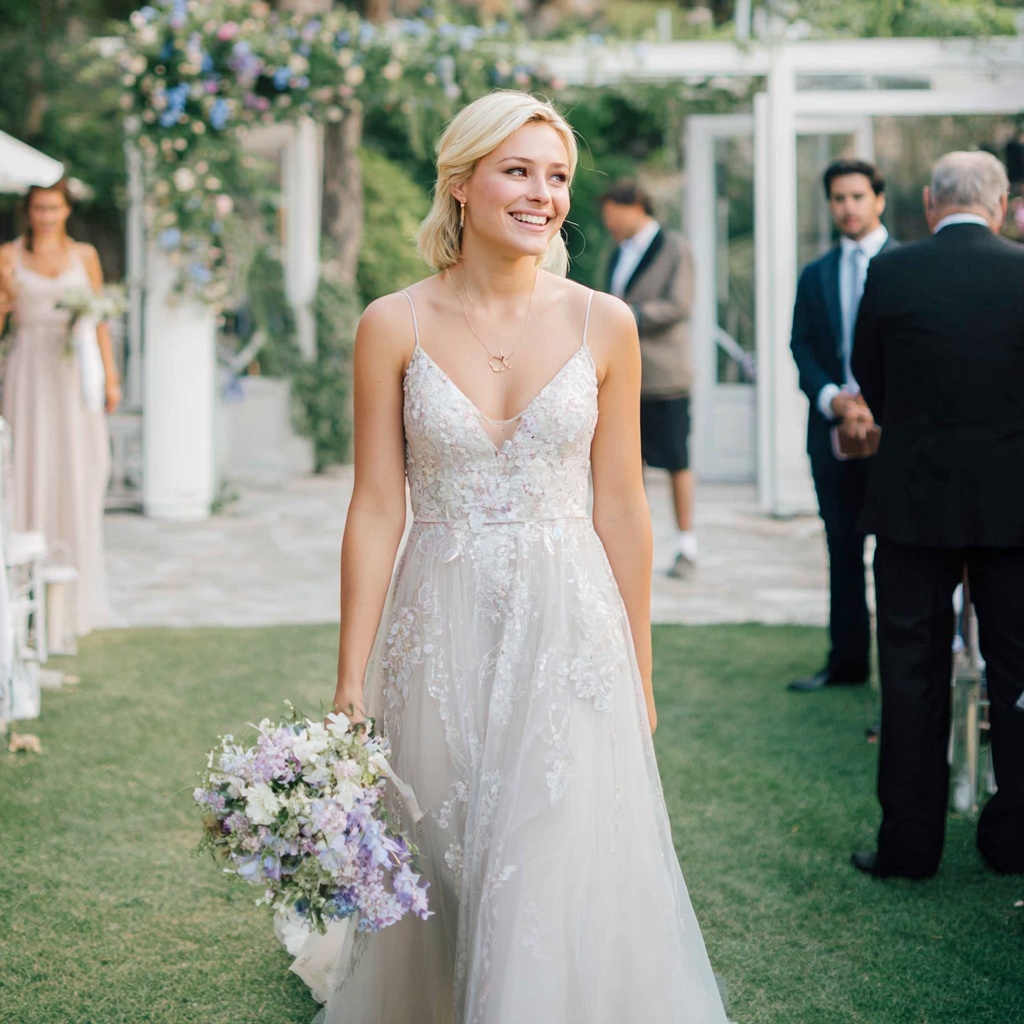 A radiant bride styled with aquamarine earrings and gold floral hairpins from Hal Davis Jewelers