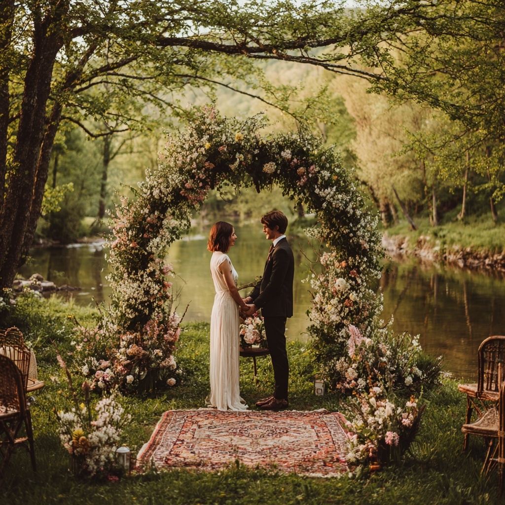 A bride and groom celebrating a beautiful outdoor wedding with simple, elegant decor on a budget. A bride and groom celebrating a beautiful outdoor wedding with simple, elegant decor on a budget.