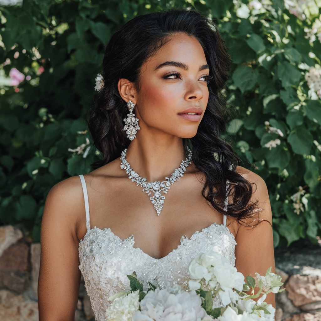 Complete your bridal look with jewelry that complements your dress, neckline, and personal style. Bride wearing a sweetheart neckline gown with a diamond pendant and matching drop earrings.