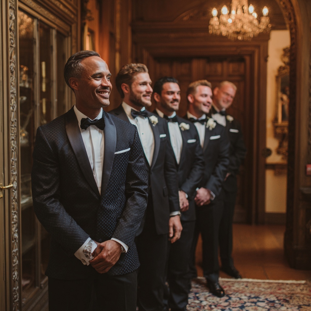 Groom fastening luxury cufflinks while wearing a wedding band and designer watch Wedding day essentials: a perfectly paired watch, cufflinks, and wedding band for the groom