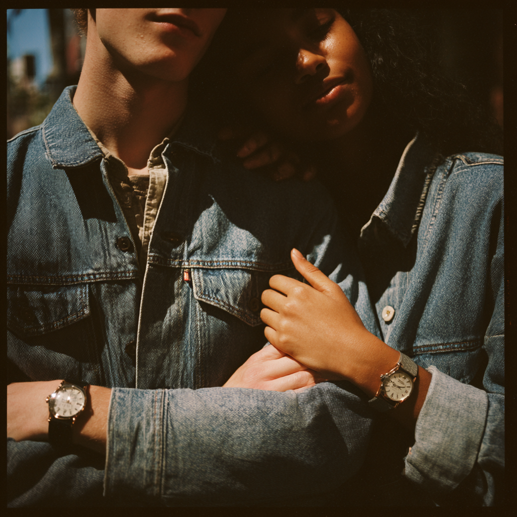 Couple exchanging matching gold watches and bracelets in a holiday setting