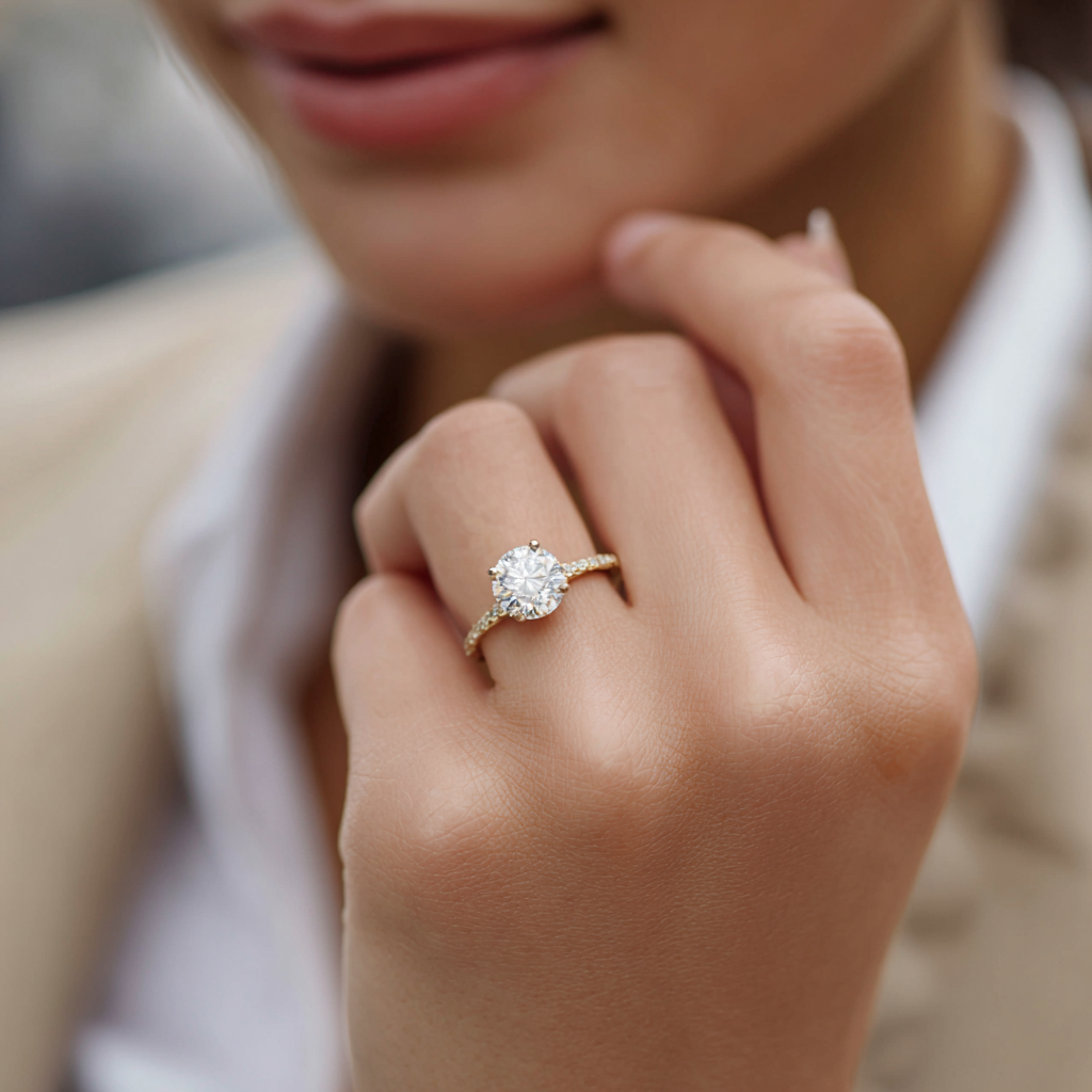 Holiday jewelry gift selection featuring diamond studs, a Fope bracelet, an Omega timepiece, and Tacori ring on festive background