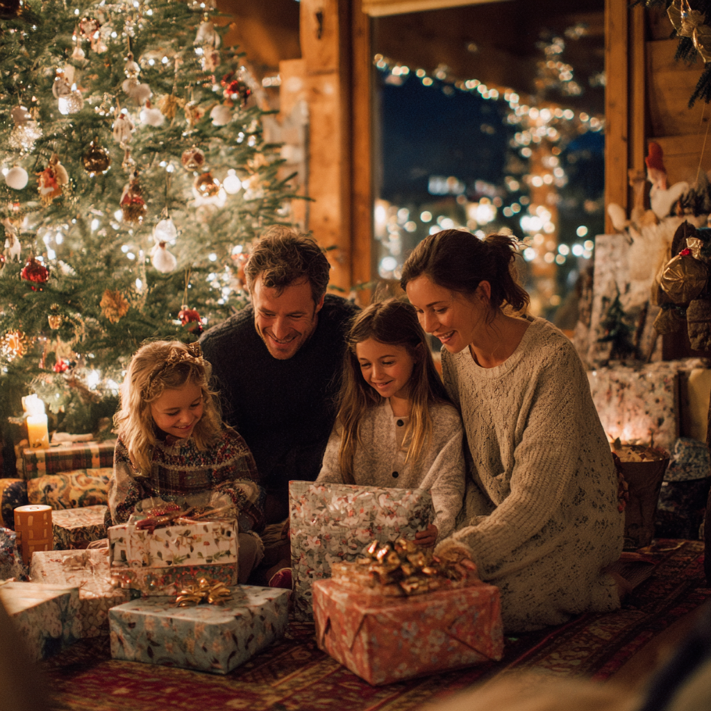Diamond necklace and gold bracelet displayed with Christmas decorations at Hal Davis Jewelers Boise
